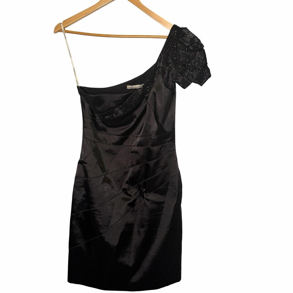 RARE! Karen Millen One-Shoulder Black Cocktail Dress with Beaded Sleeve, US 6-8